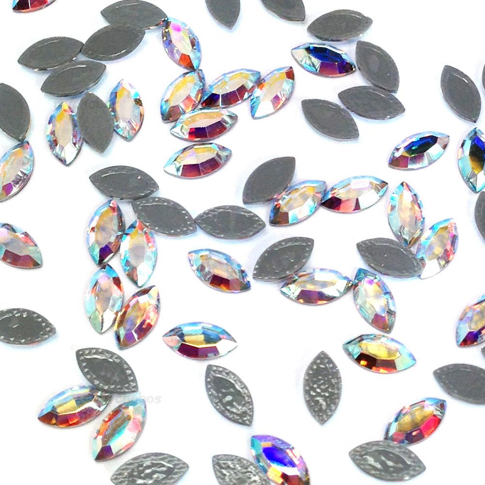 Austrian Crystal AB Flatback Rhinestones - 8x4mm Hotfix Navette Gems for Nail Art, DIY Jewelry, Resin Crafts (12 Pieces) | Perfect for Costume Design, Bridal Accessories & Home Decor
