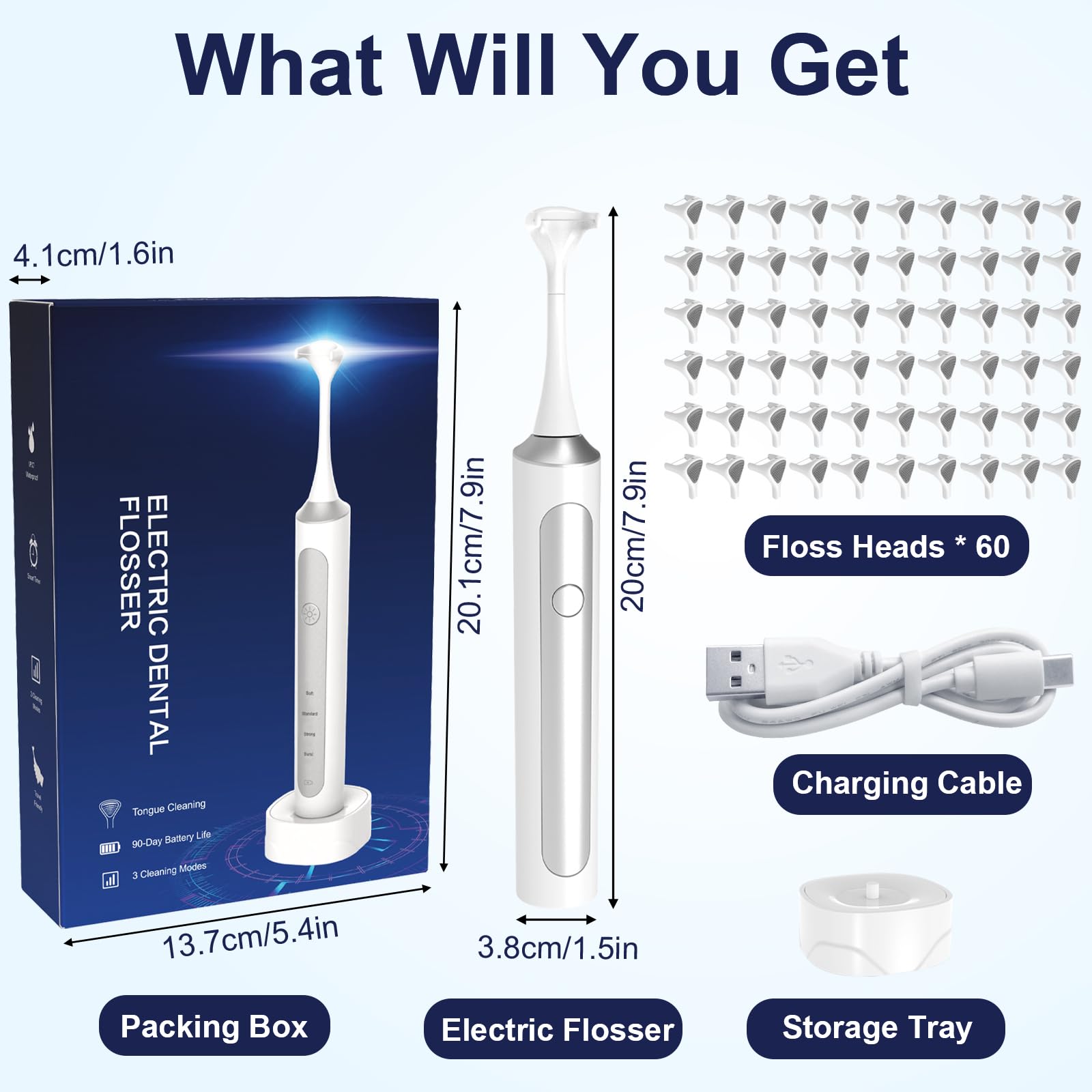 Electric Flosser with 4 Speed Settings & 60 Replacement Heads - Rechargeable Water Flosser for Adults & Kids, Cordless Dental Flosser with Tongue Cleaner & Wireless Charging Base | Perfect for Travel, Home Use & Oral Care Routine
