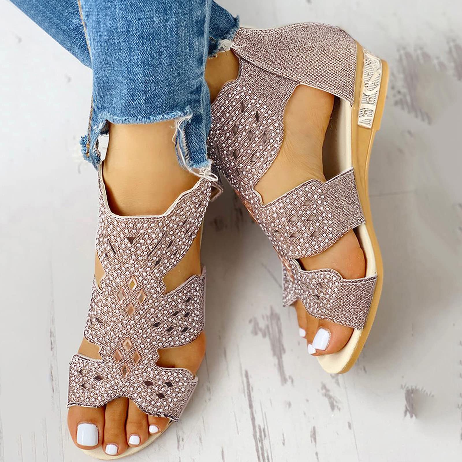 COOKI Women's Summer Sandals - Casual Roman Zipper Hollow Out Wedge Flat Sandals for Women | Comfortable Beach Walking & Vacation Shoes