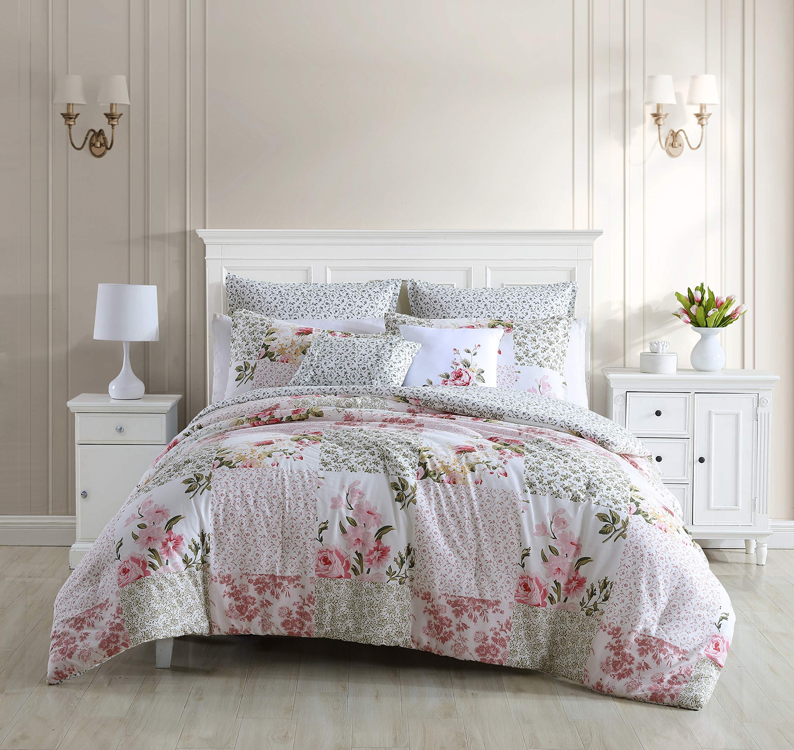 Laura Ashley Home - Reversible Twin Comforter Set with Matching Sham, Euro Sham & Throw Pillows | 100% Cotton Bedding | Ailyn Pink | Perfect for Kids' Rooms, Guest Bedrooms & Dorm Decor
