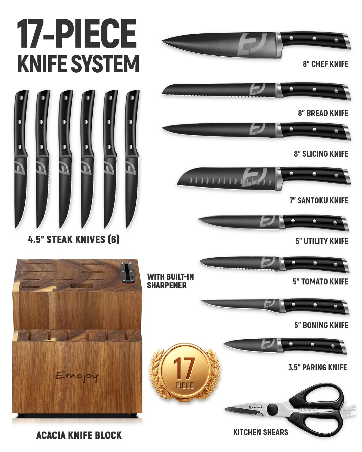 Emojoy 17-Piece Premium Kitchen Knife Set with Acacia Wood Block - Titanium Stainless Steel Knives with Built-in Sharpener, Rust Proof Cutlery Set for Professional Chefs & Home Cooking | Perfect for Meat Cutting, Vegetable Chopping & Food Prep