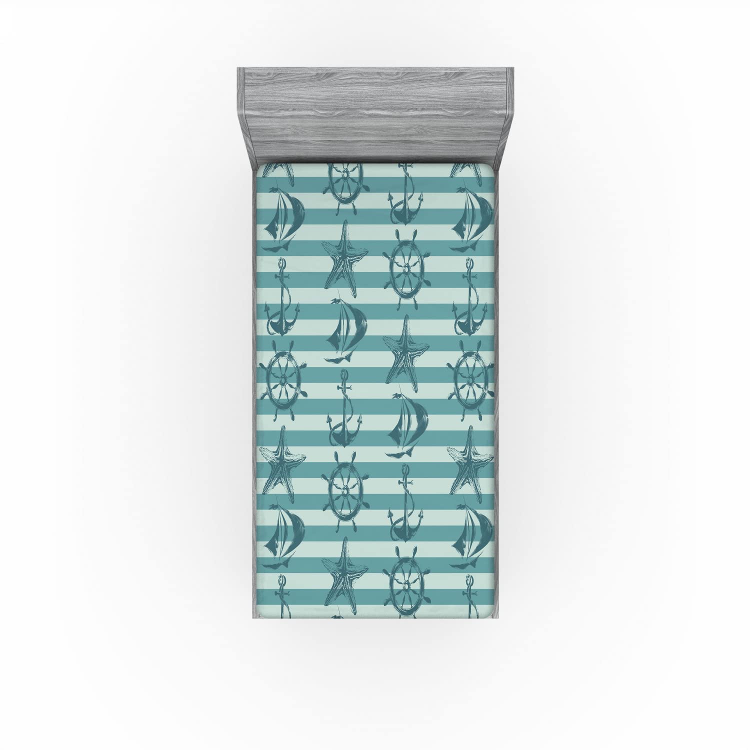 Ambesonne Ships Wheel Fitted Sheet - Retro Marine Pattern with Anchor & Starfish on Striped Background - Deep Pocket Elastic Twin XL Bed Sheet - Teal Beige - Perfect for Nautical Themed Bedrooms & Coastal Decor