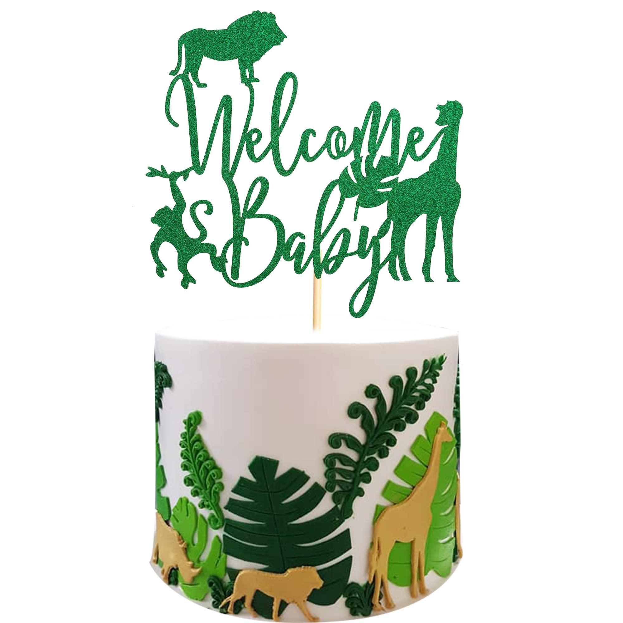 Wild Safari Animal Baby Shower Cake Topper Set - Jungle Theme Cake Decorations with Green Glitter | Perfect for Baby Shower Parties, Gender Reveals & First Birthday Celebrations
