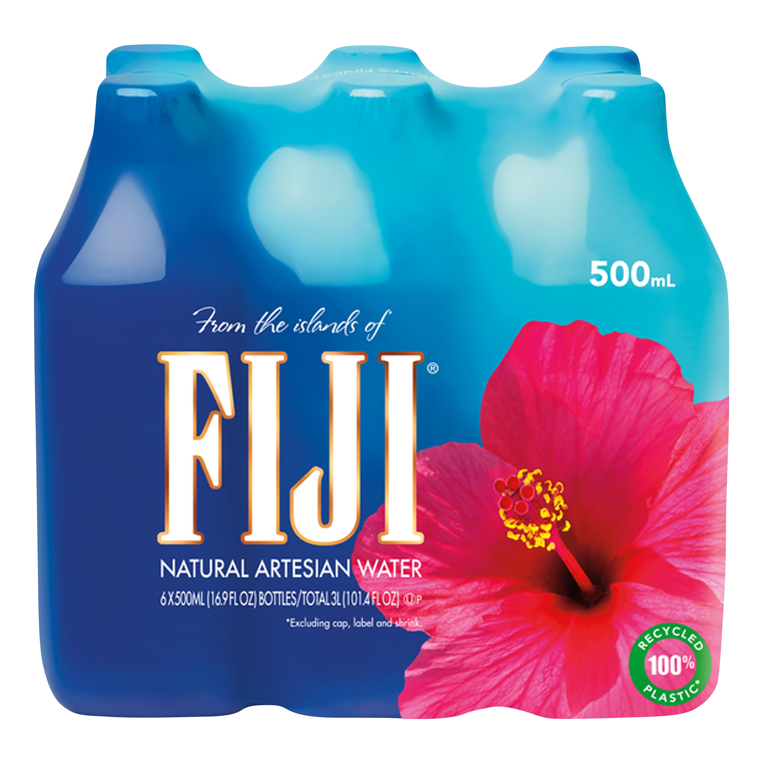 FIJI Natural Artesian Water 500mL (16.9 Fl Oz) - Pack of 6 Bottles - 100% Recycled Plastic BPA-Free - Premium Hydration for Home, Office & Gym