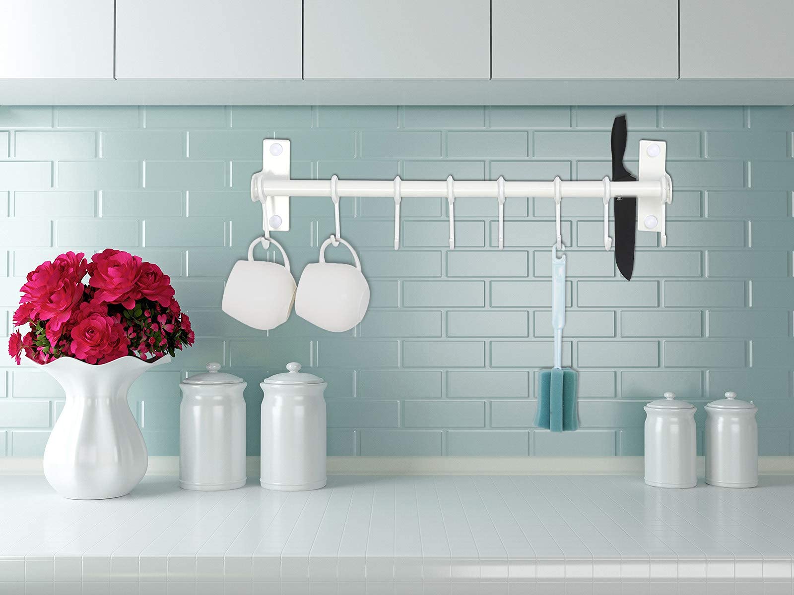 Dseap Wall Mounted Pot and Pan Hanging Rack - Double Bar Kitchen Organizer with 8 Hooks, White - Perfect for Small Kitchens, RVs, and Apartments to Save Space