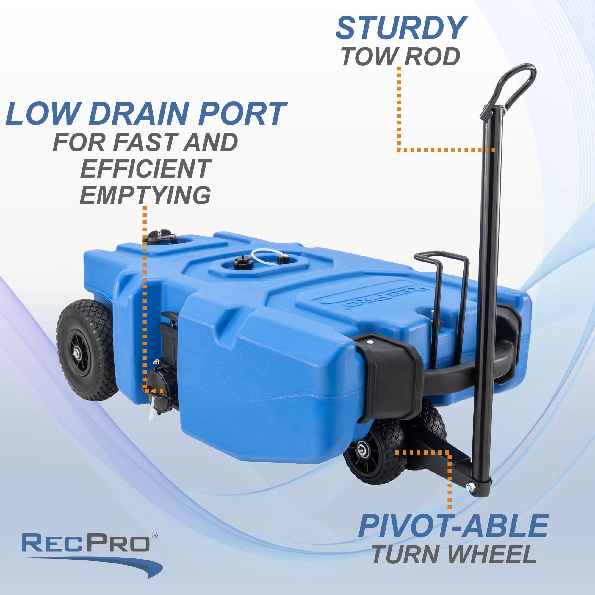 RecPro RV 36 Gallon Portable Waste Tank with Airless No-Flat Tires - Blue RV Waste Holding Tank with Capacity Indicator & Included Gloves - Perfect for Camping, RV Trips & Off-Grid Living