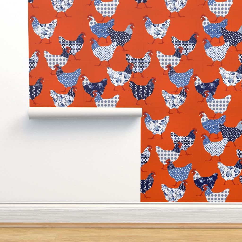 Removable Wallpaper 12ft x 2ft - Chinoiserie Chicken Hen Farm Floral Pattern in Red & White | Pre-Pasted Peel & Stick Wallpaper by Spoonflower | Perfect for Nursery, Kitchen, Farmhouse Decor
