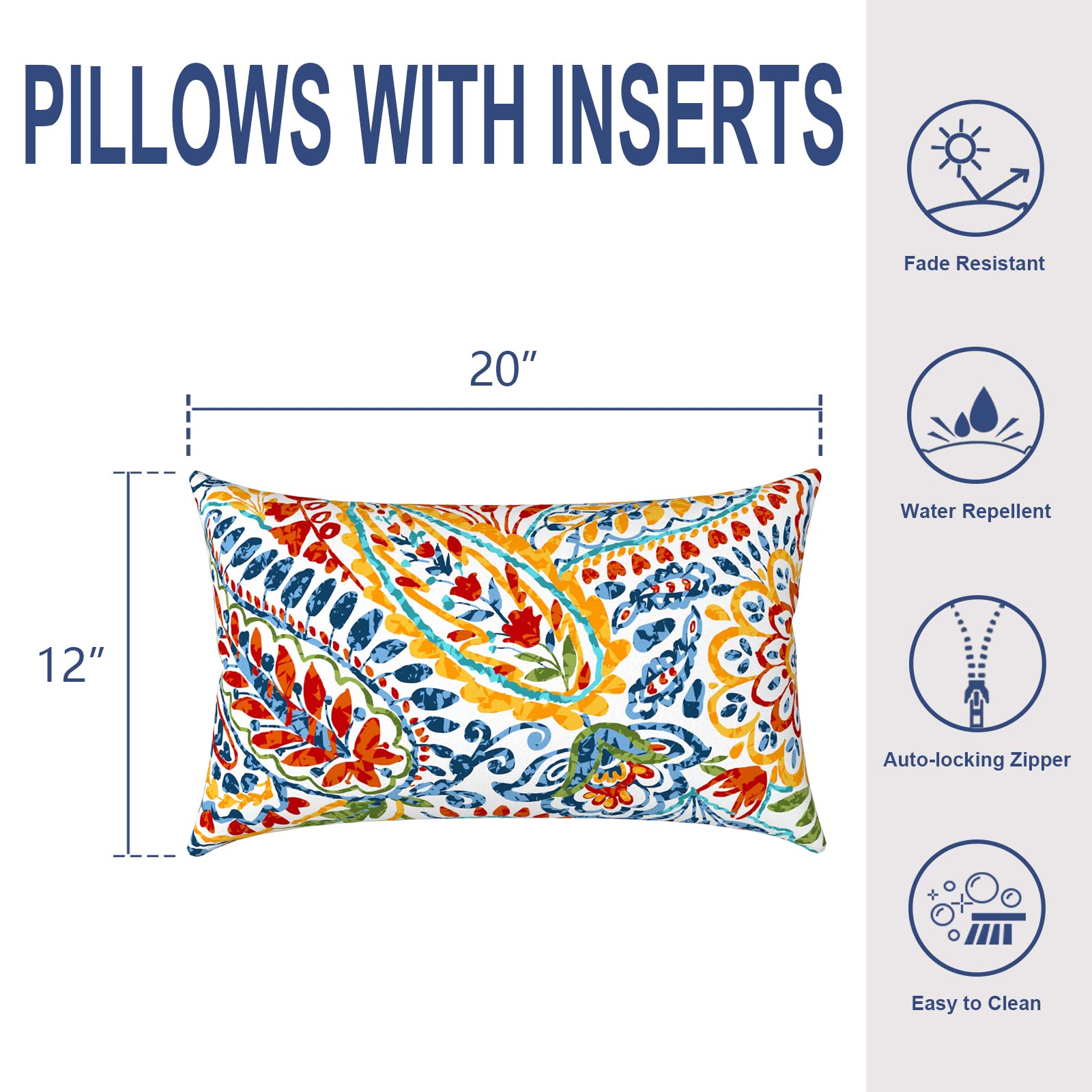 Waterproof 12x20 Inch Lumbar Pillows for Outdoor & Indoor Use - Pack of 2 Paisley Print Cushions with Inserts - Perfect for Patio Furniture, Garden Chairs, Sofas and Bed Decor