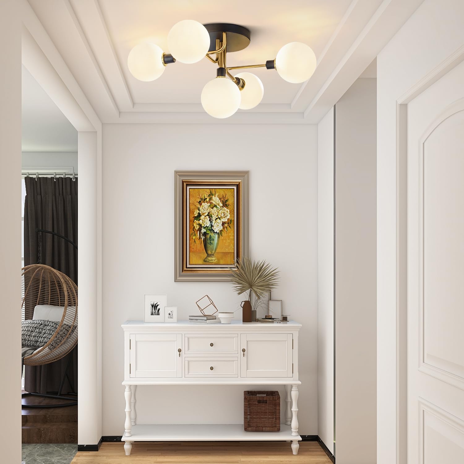 Vintage Mid Century Modern 5-Light Sputnik Ceiling Fixture - Black & Brass Semi-Flush Mount with Milk Glass Globes - Perfect for Bathroom, Dining Room, Hallway & Close-to-Ceiling Lighting