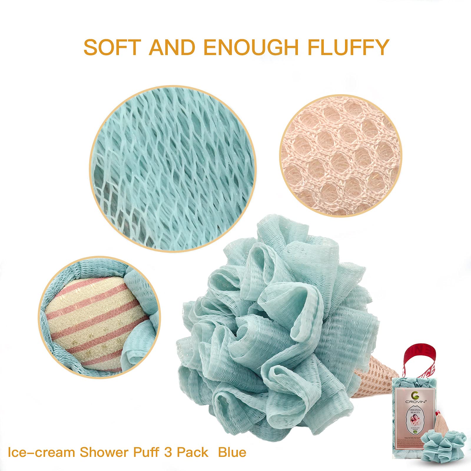 Exfoliating Body Scrubber - 4 Pack Ice Cream Shower Pouf Mesh Ball Bath Loofah Sponge for Men & Kids (Blue) | Gentle Skin Cleansing & Exfoliation for Daily Shower & Spa Use