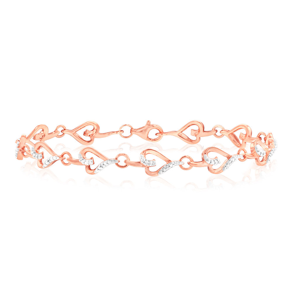 7 Diamonds Heart Bracelet in Rose Gold Plated Sterling Silver - Romantic Gift for Valentine's Day, Anniversary & Special Occasions