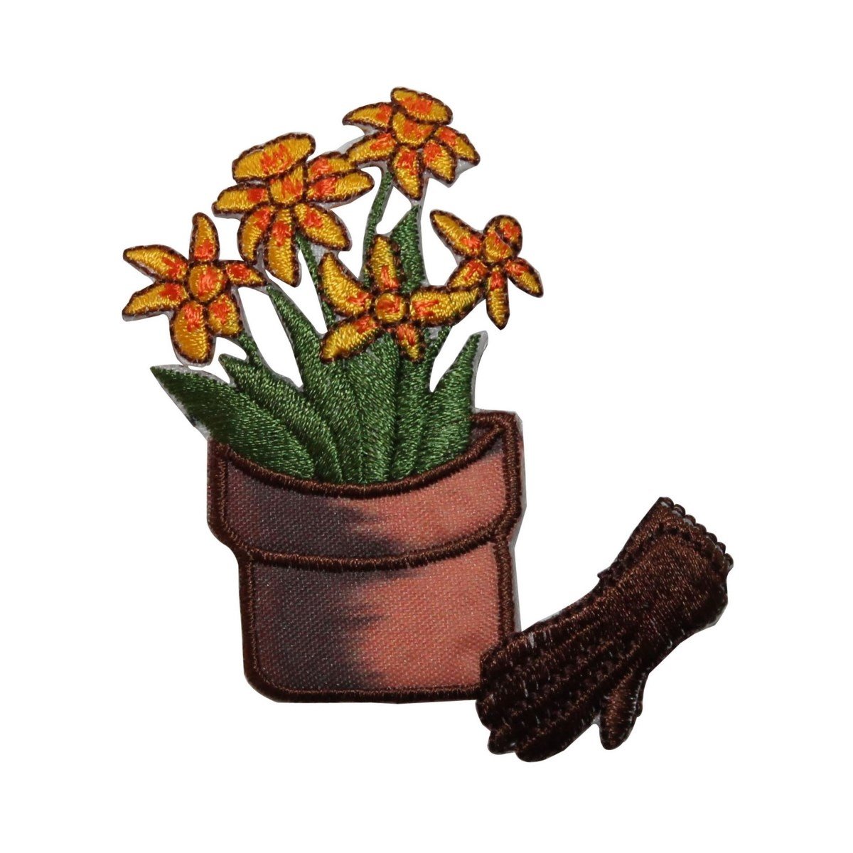 ID 7086 Potted Daffodils With Glove Patch - Garden Embroidered Iron On Applique for DIY Crafts, Clothing & Home Decor
