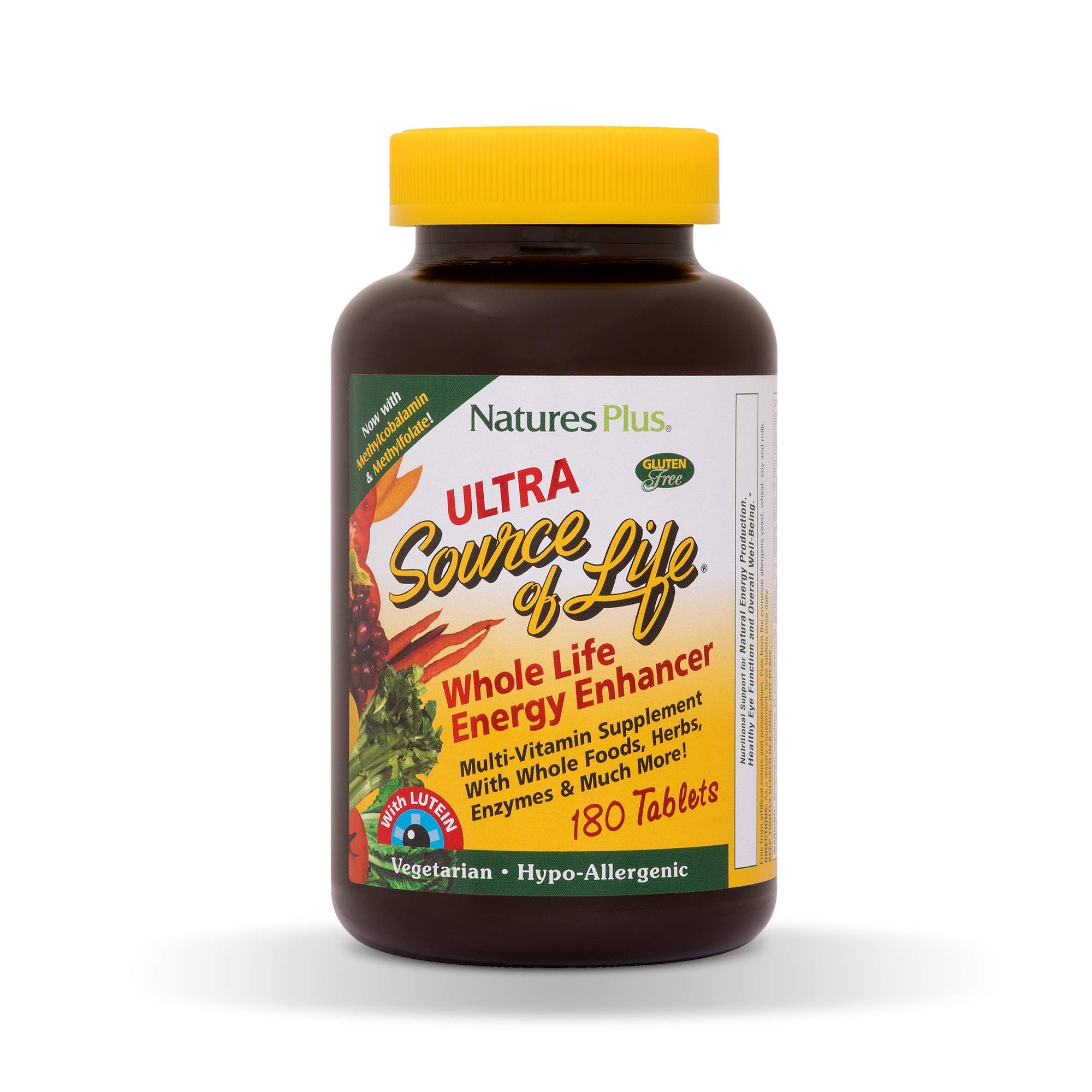 Natures Plus Ultra Source of Life Multivitamin - 180 Vegetarian Tablets for Immune Support, Energy Boost & Wellness with Lutein & Vitamin D3 | Gluten Free Supplement for Adults | Perfect for Daily Health Maintenance & Active Lifestyle