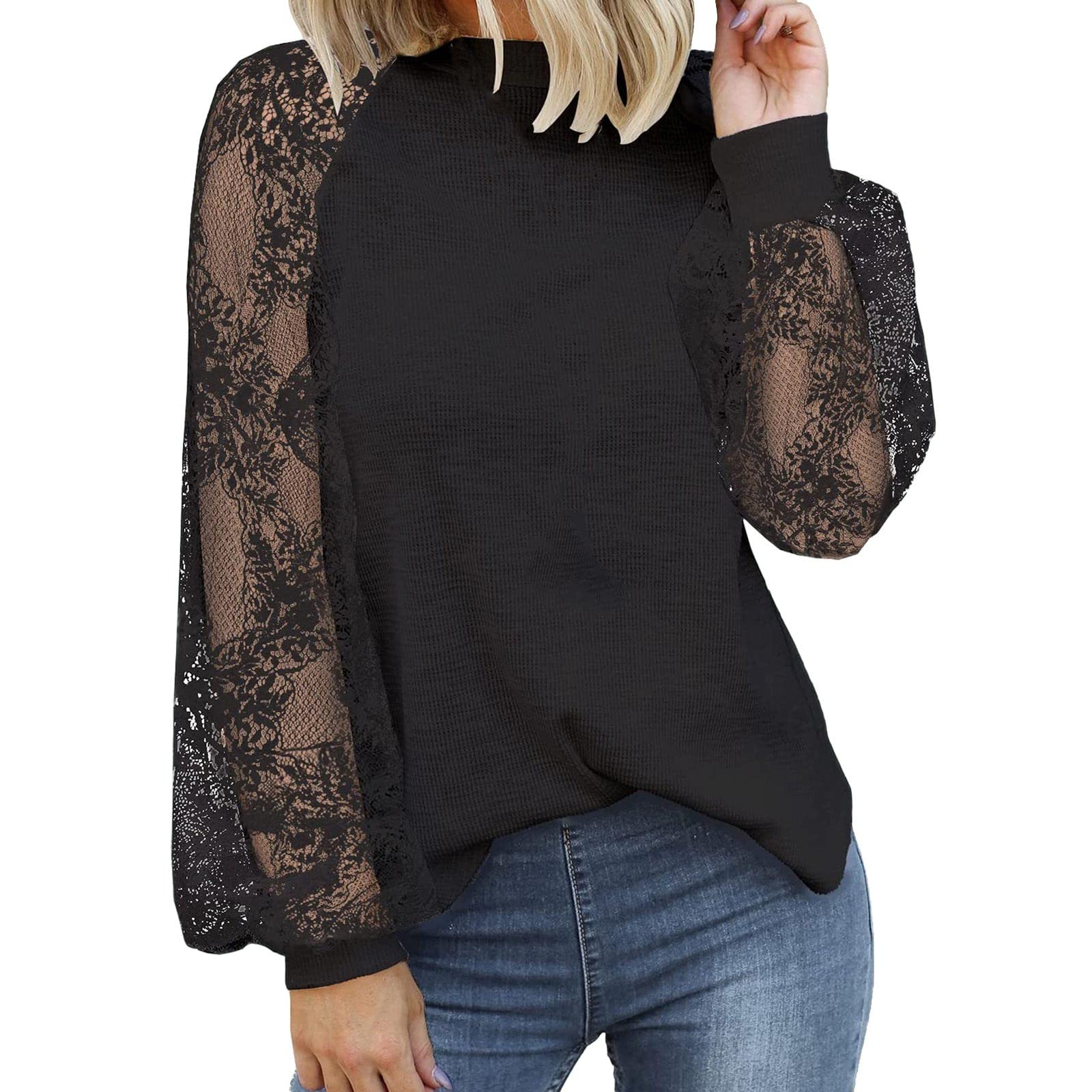Stylish Women's Balloon Sleeve T-Shirt - Round Neck Waffle Knit Blouse with Long Sleeves for Business Casual & Loose Fit Pullover | Perfect for Office Wear, Date Nights & Weekend Outfits