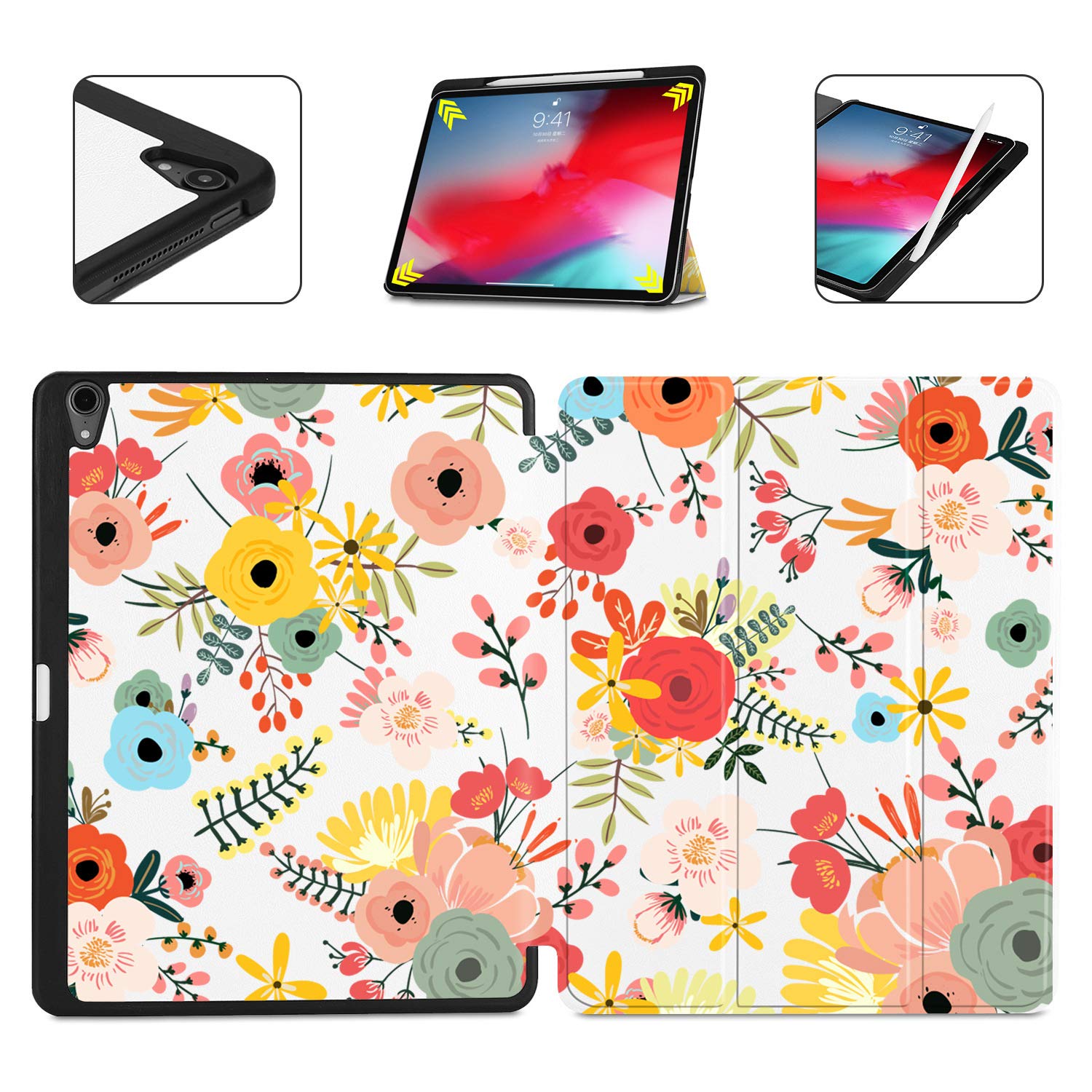 Batianda iPad Pro 11 Case 2018 2020 2021 - Premium PU Leather Folio Cover with Pencil Holder, Auto Wake/Sleep & Folding Stand | Hard Shell Protection for New iPad Pro 11 Inch | Watercolor Flower Design | Perfect for Work, Travel & Home Use
