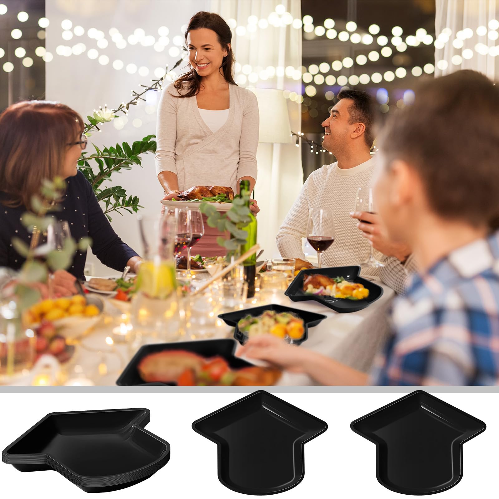 24-Pack Graduation Party Plates - Black Grad Hat Shaped Disposable Plates (11.6