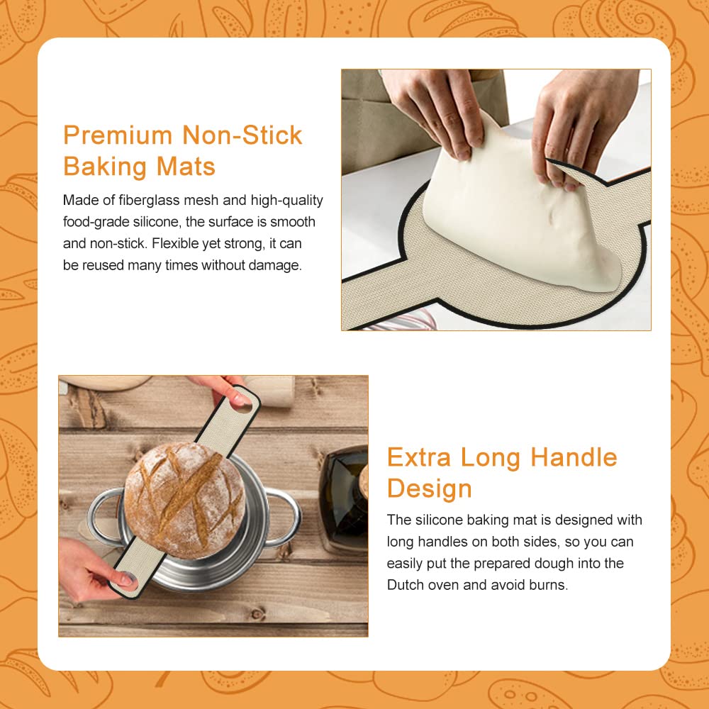 YAANBUNB 21cm Silicone Bread Sling for Dutch Oven - Reusable Non-Stick Baking Mat for Sourdough, Round Bread & Pastries | Easy Dough Transfer with Long Handle | Perfect for Artisan Bread Baking, Homemade Pizza & Kitchen Baking Accessories