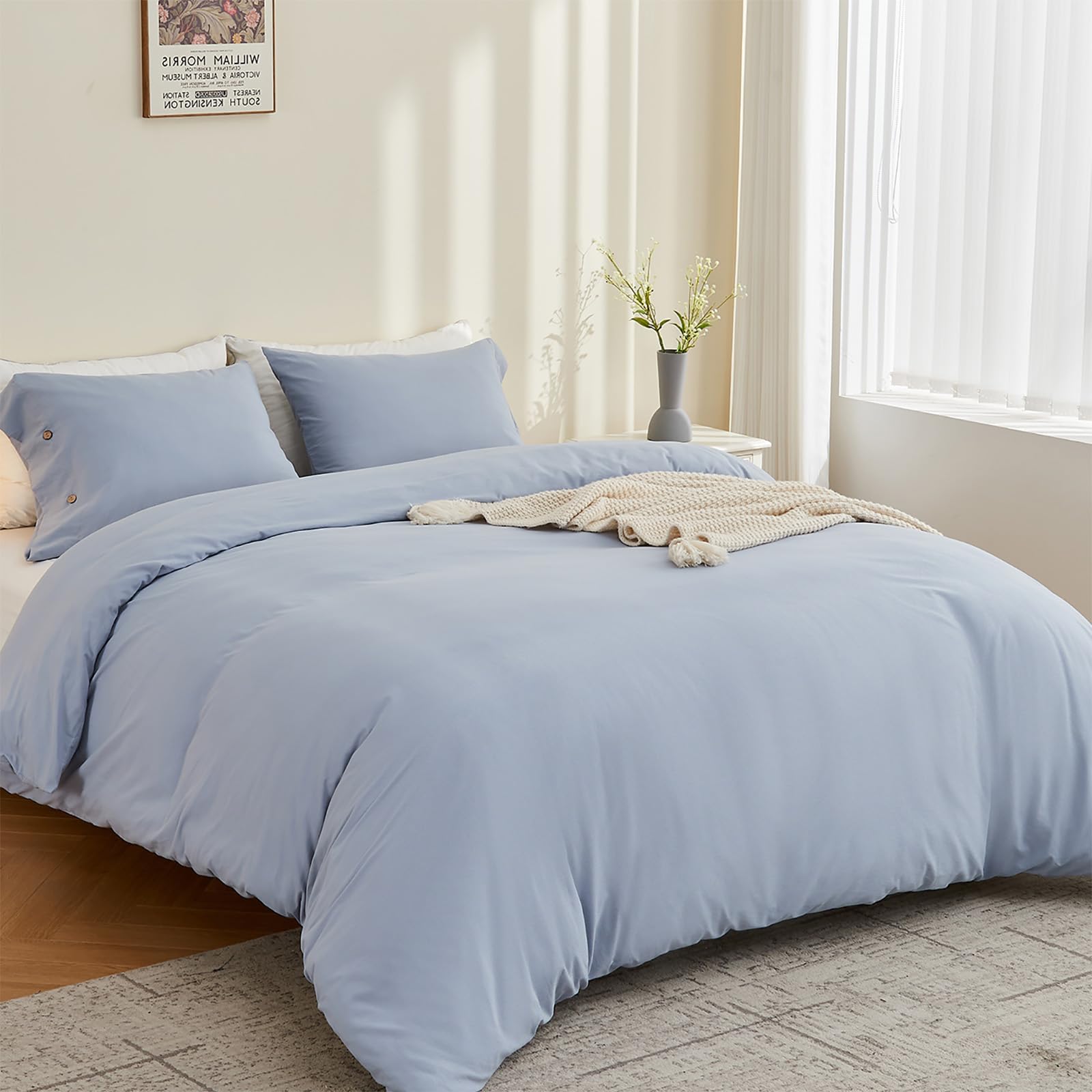 King Size Duvet Cover Set - 3 Piece Washed Cotton Blue Bedding with Zipper Closure | Breathable Linen-Like Texture | Perfect for Master Bedroom & Guest Room Decor