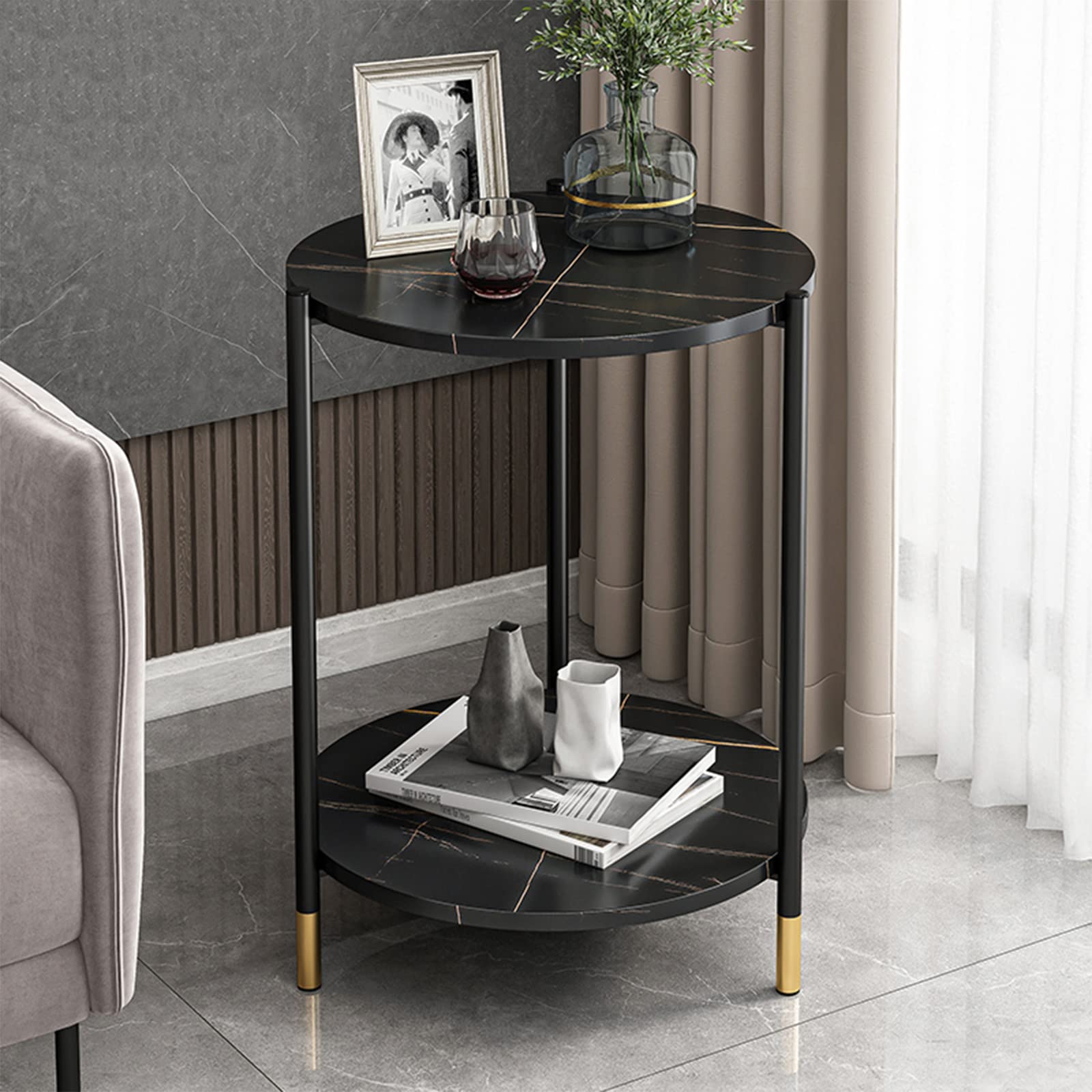 Modern Round Coffee Table with Faux White Marble Top & Black Metal Frame - Accent Side Table for Living Room, Dining Area or Office - Perfect for Tea Time, Entertaining Guests & Stylish Home Decor