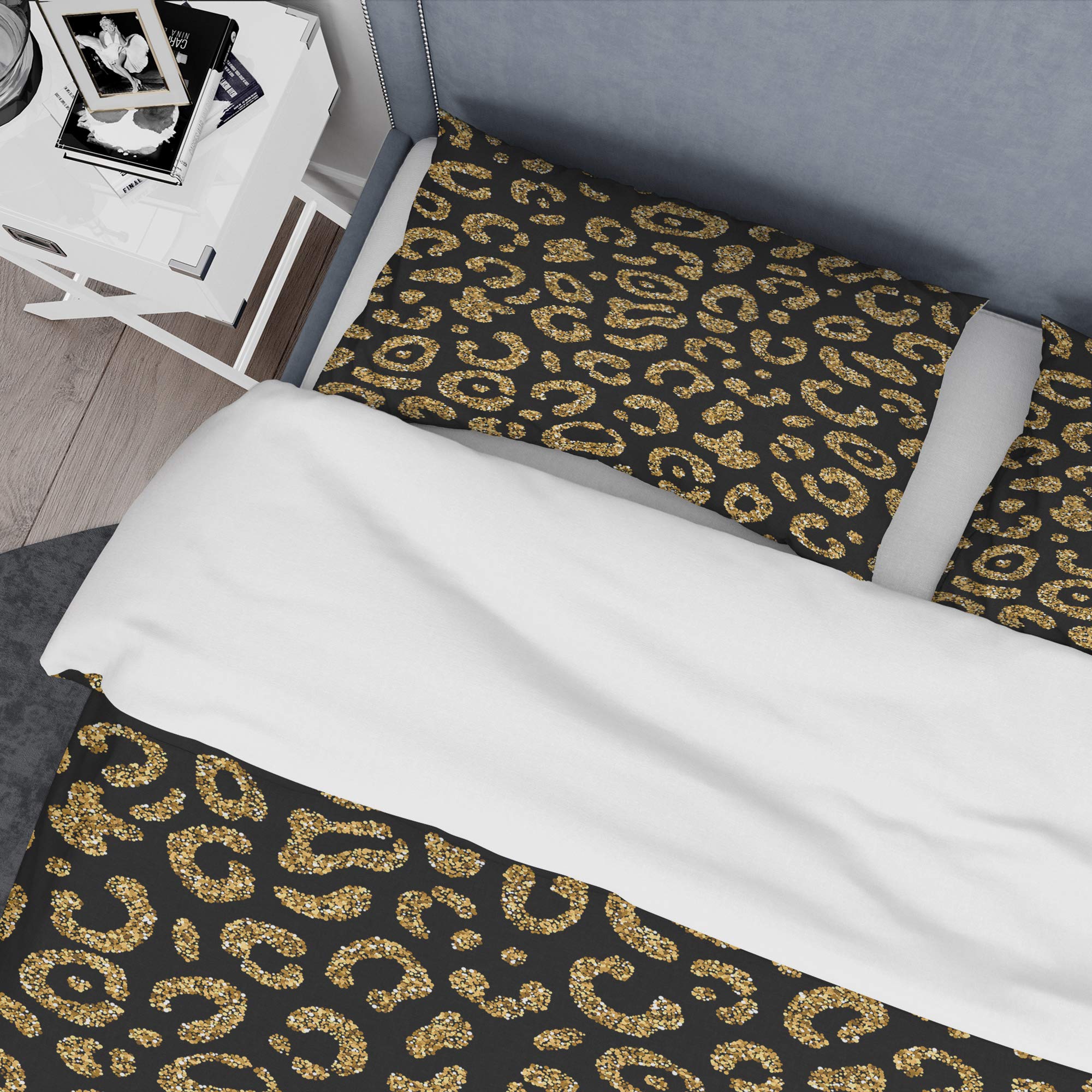 Golden Leopard Print Mid-Century Modern Duvet Cover Set - Twin Size 3-Piece Bedding Set (Duvet Cover + 2 Pillow Shams) - Soft Luxury All-Season Comforter Cover - Perfect for Boho Chic & Retro Home Decor Bedrooms