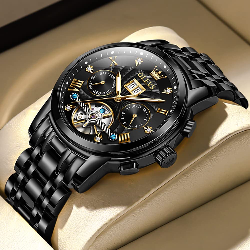 OLEVS Men's Automatic Skeleton Watch - Self-Winding Mechanical Watch with Luminous Hands, Waterproof, Diamond Accents, Week & Month Display - Perfect for Business, Dress & Casual Wear