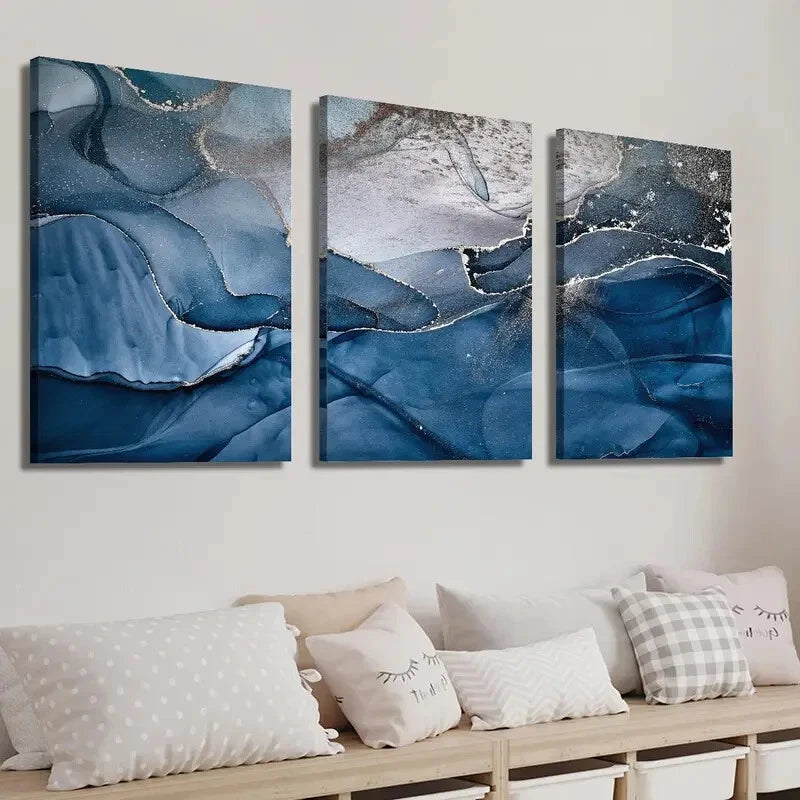 3-Piece Abstract Blue and Gold Marble Texture Wall Art Set - Framed Canvas 40x60cm (16x24in) - High Quality Print - 100% Australian Made - Ready to Hang - Perfect for Living Room, Bedroom & Office Decor