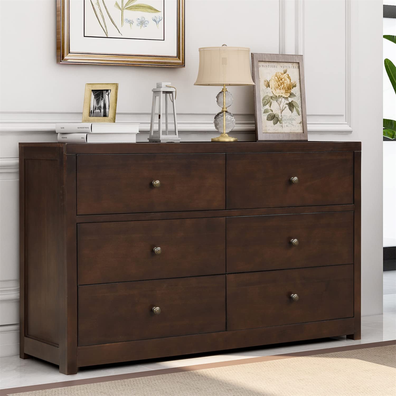 Solid Wood Dresser 6-Drawer Chest - Multi-Functional Storage Cabinet for Bedroom & Living Room