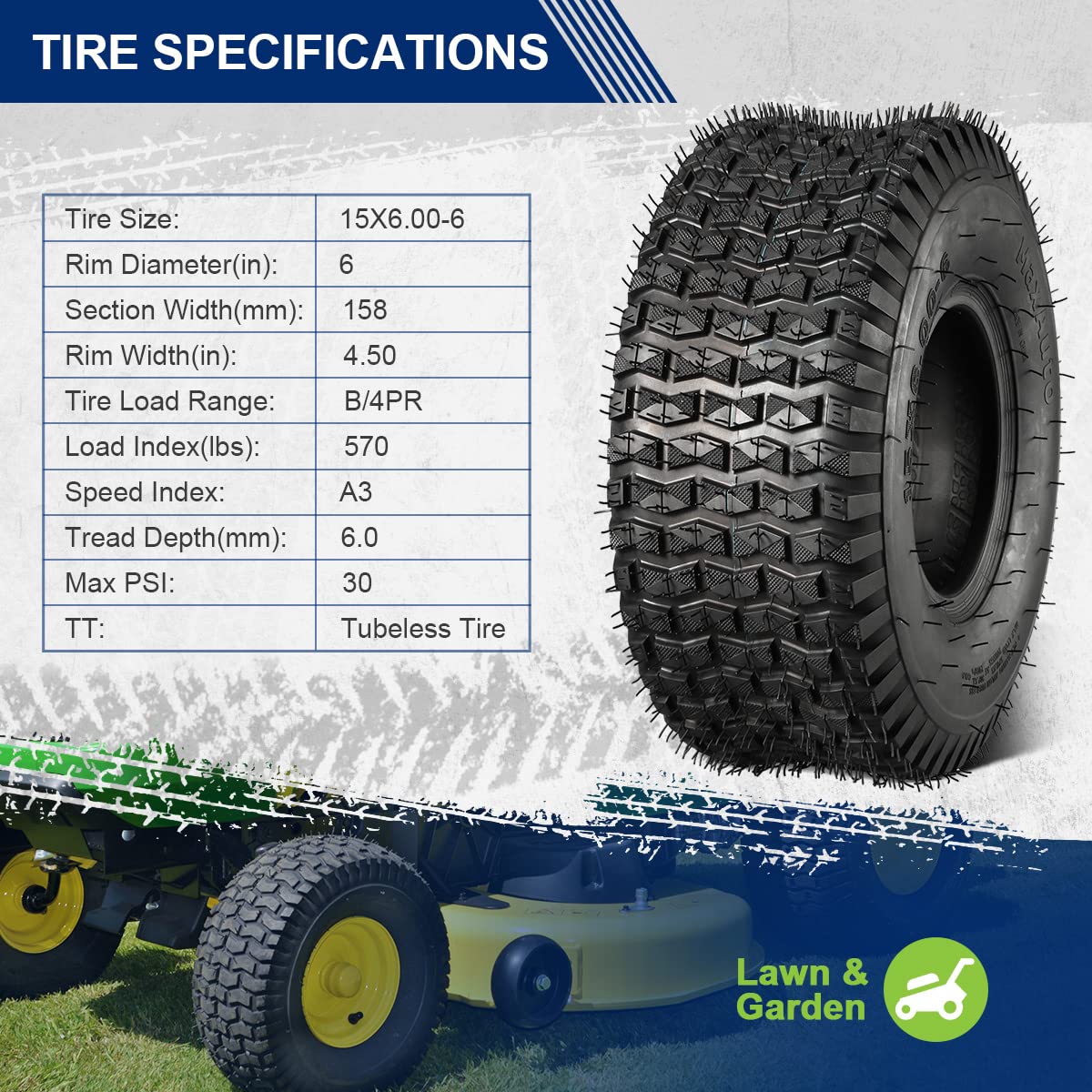 MaxAuto FOX V1 15x6.00-6 NHS Tubeless Lawn Mower Tires - Set of 2 (4-Ply, 570 lbs Capacity) - Compatible with Riding Mowers, Lawn Tractors & Golf Carts - Durable All-Terrain Tires for Yard Work, Landscaping & Golf Course Maintenance