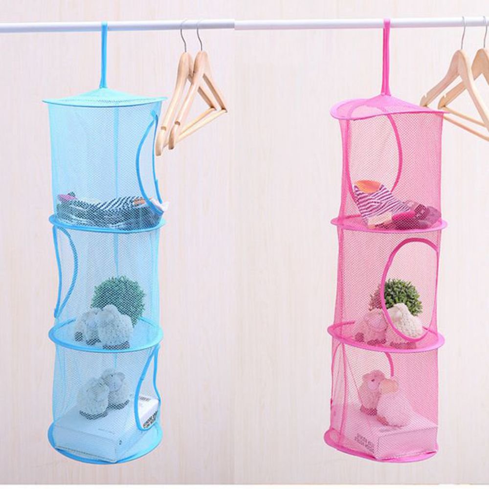 3 Compartment Mesh Hanging Storage Organizer - Space Saving Toy Basket for Kids Room Organization (Blue) | Perfect for Bedroom, Closet & Nursery Storage