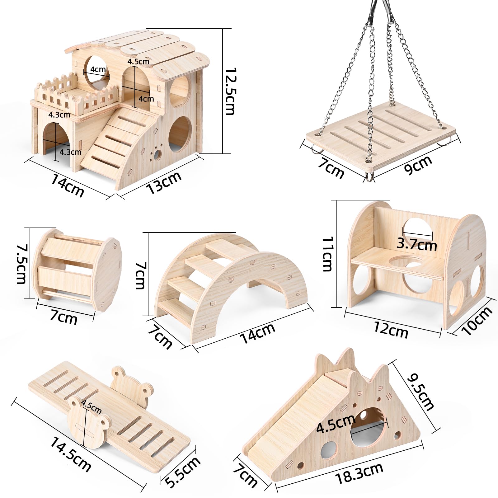 7pcs Wooden Hamster Cage Accessories Set - Hamster House, Exercise Ball, Seesaw Bridge, Hideout & Swing Toys for Hamsters, Guinea Pigs & Small Pets | Perfect for Cage Enrichment & Playtime Activities