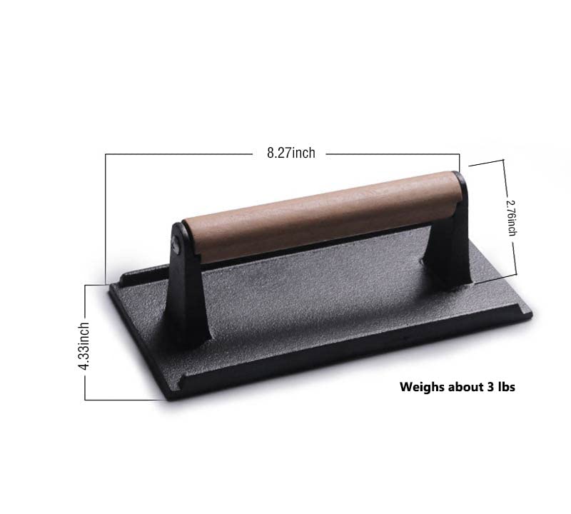 Heavy-Duty Cast Iron Bacon Press & Grill Weight - Perfect for Steak, Burgers, and Panini - Wood Handle for Comfort - Ideal for BBQ, Grilling, and Smashing Patties (Black)