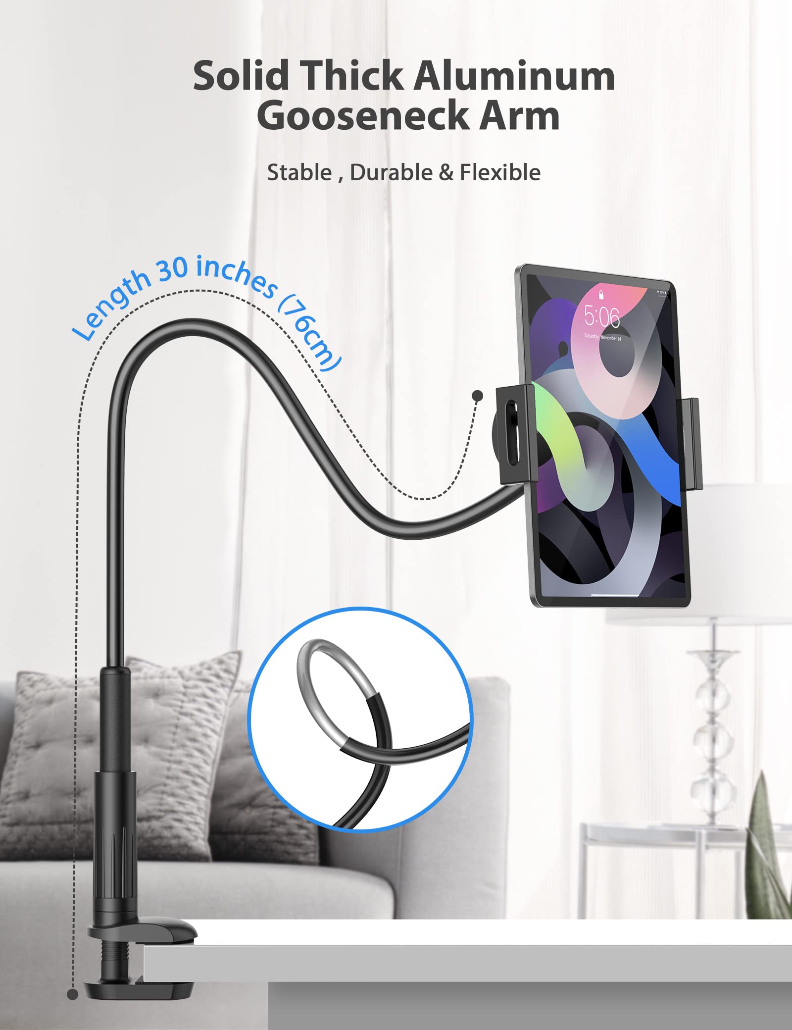 Adjustable Gooseneck Tablet Stand Holder for Bed - Flexible Arm Mount Compatible with iPad Air/Pro/Mini, Samsung Tab, Nintendo Switch, Kindle & 4.7