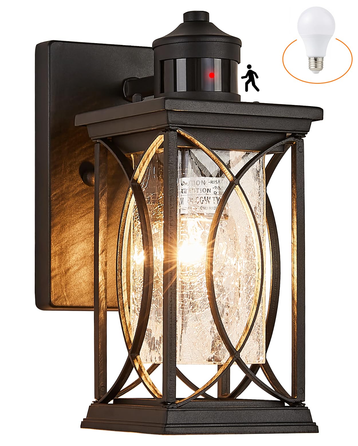 Motion Sensor Outdoor Wall Light with Dimmable LED Bulb - Black Modern Dusk to Dawn Exterior Porch Light Fixture with Cracked Glass Coach Lantern Design for House, Garage, Patio & Backyard Security Lighting