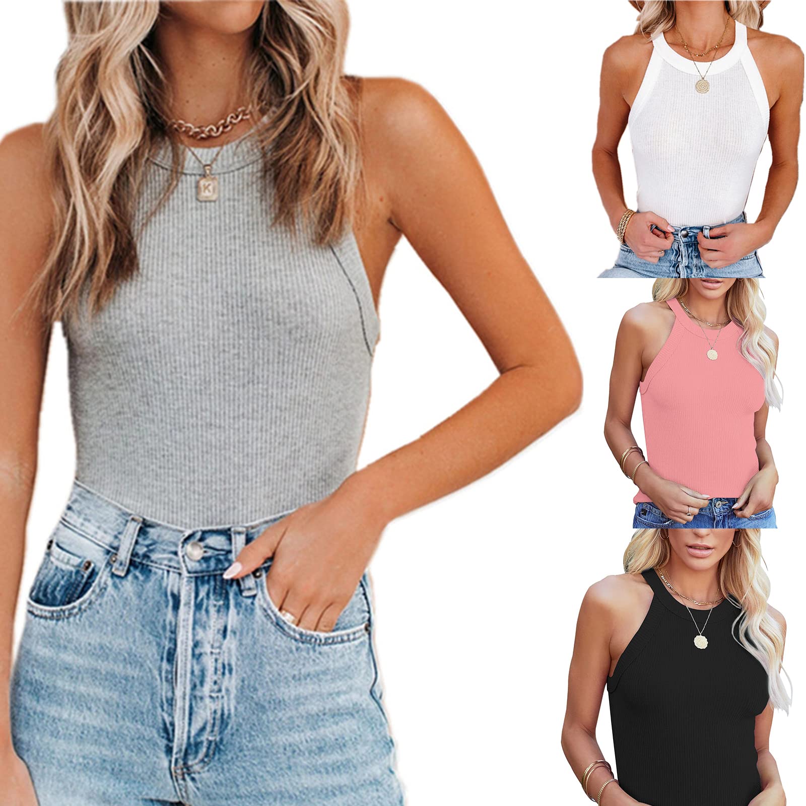 Women's Summer Sleeveless Halter Tank Top - Ribbed Knit Vest for Casual Wear, Beach Outfits & Vacation Essentials