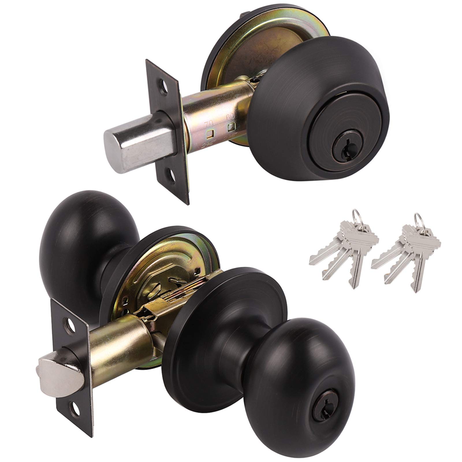 Probrico 6 Pack Oil Rubbed Bronze Entry Door Knobs with Deadbolt - Keyed Alike Front Door & Office Handlesets - Exterior & Interior Door Lock Set for Home Security & Commercial Use
