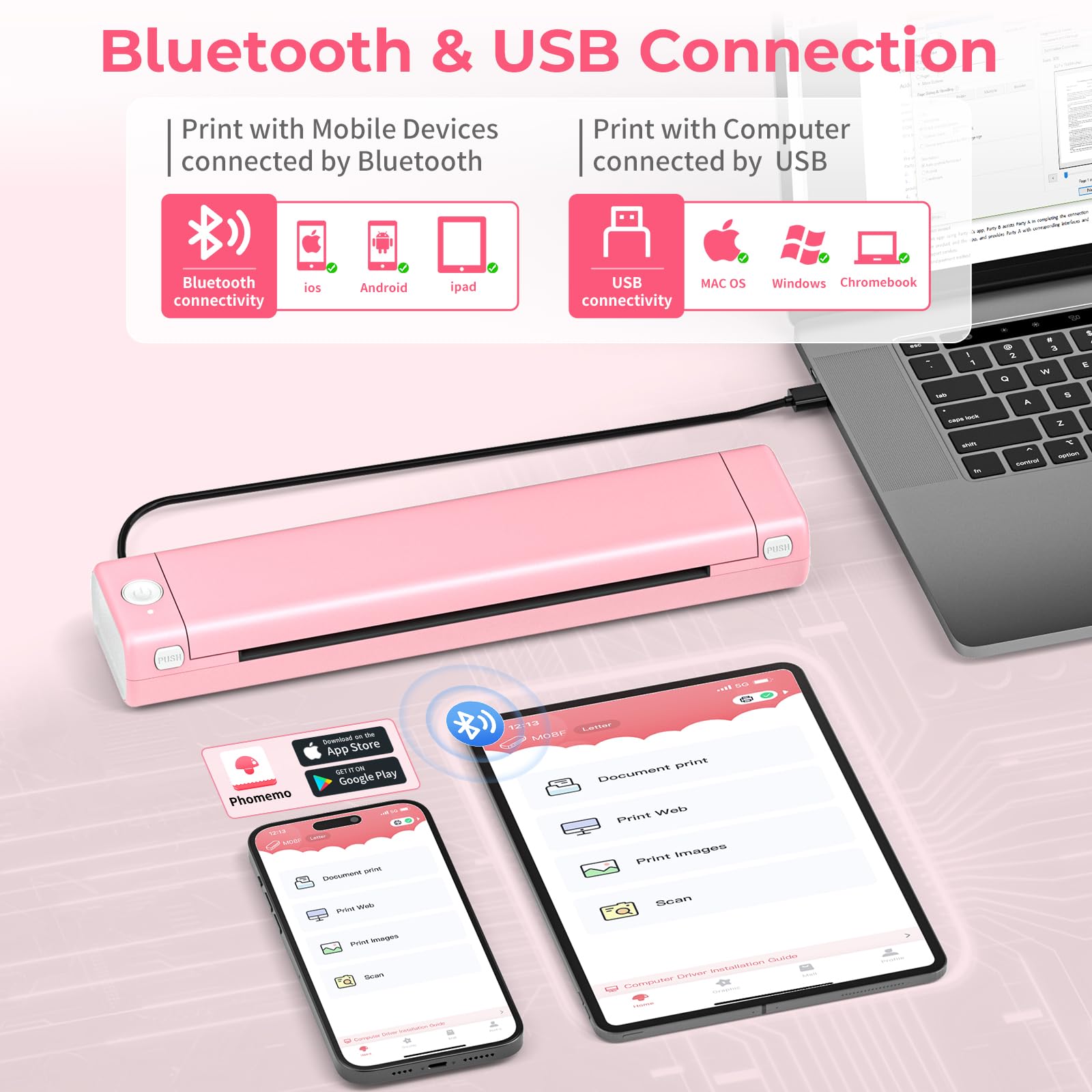 Wireless Portable Thermal Printer M08F - Inkless Bluetooth Printer for Travel, Business & Office | Compatible with Phone, Laptop & PC | Prints 8.5