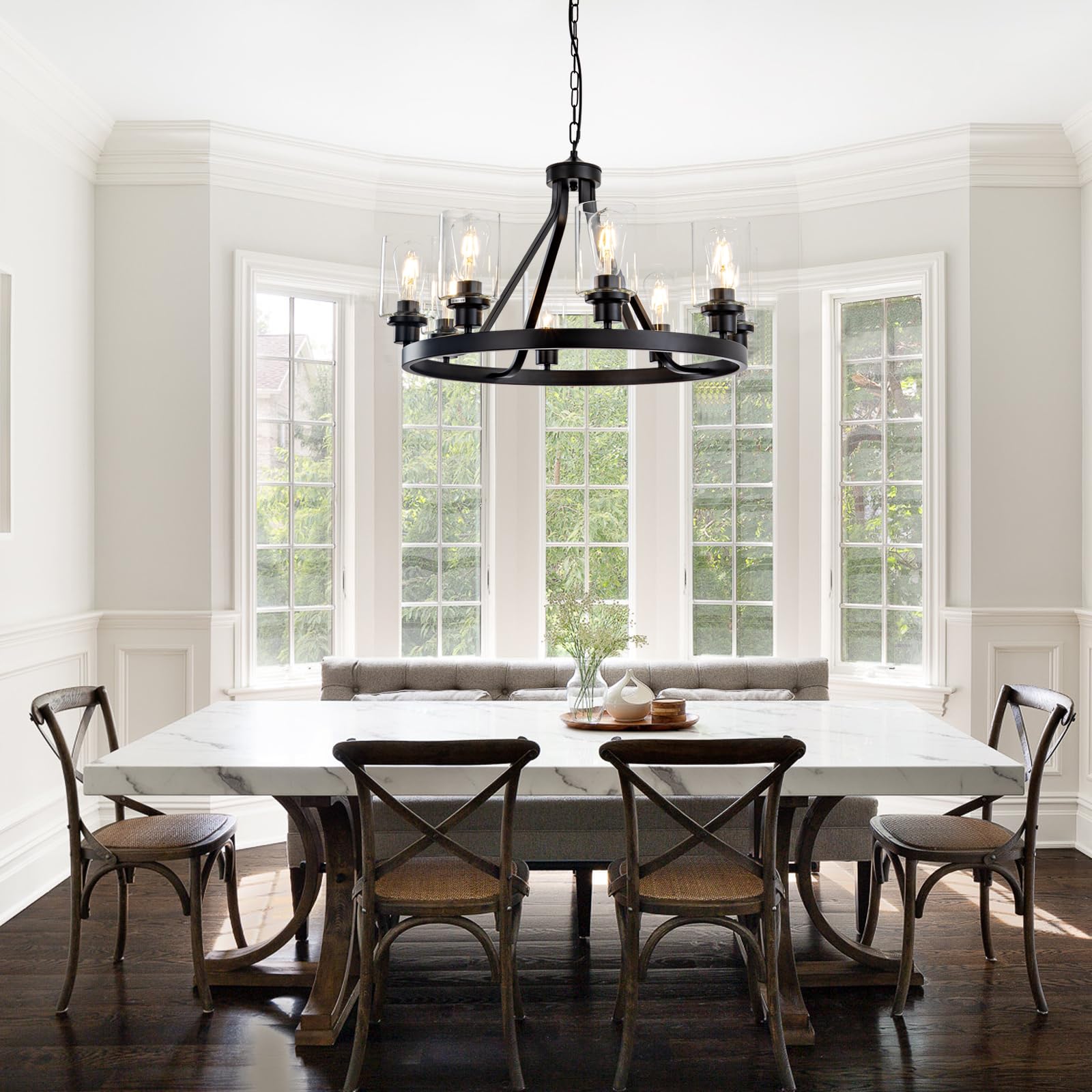 8-Light Black Farmhouse Wagon Wheel Chandelier - Adjustable Height Modern Industrial Rustic Dining Room Light Fixture - Perfect for Kitchen Island, Dining Table, and Living Room Pendant Lighting (E26 Base)