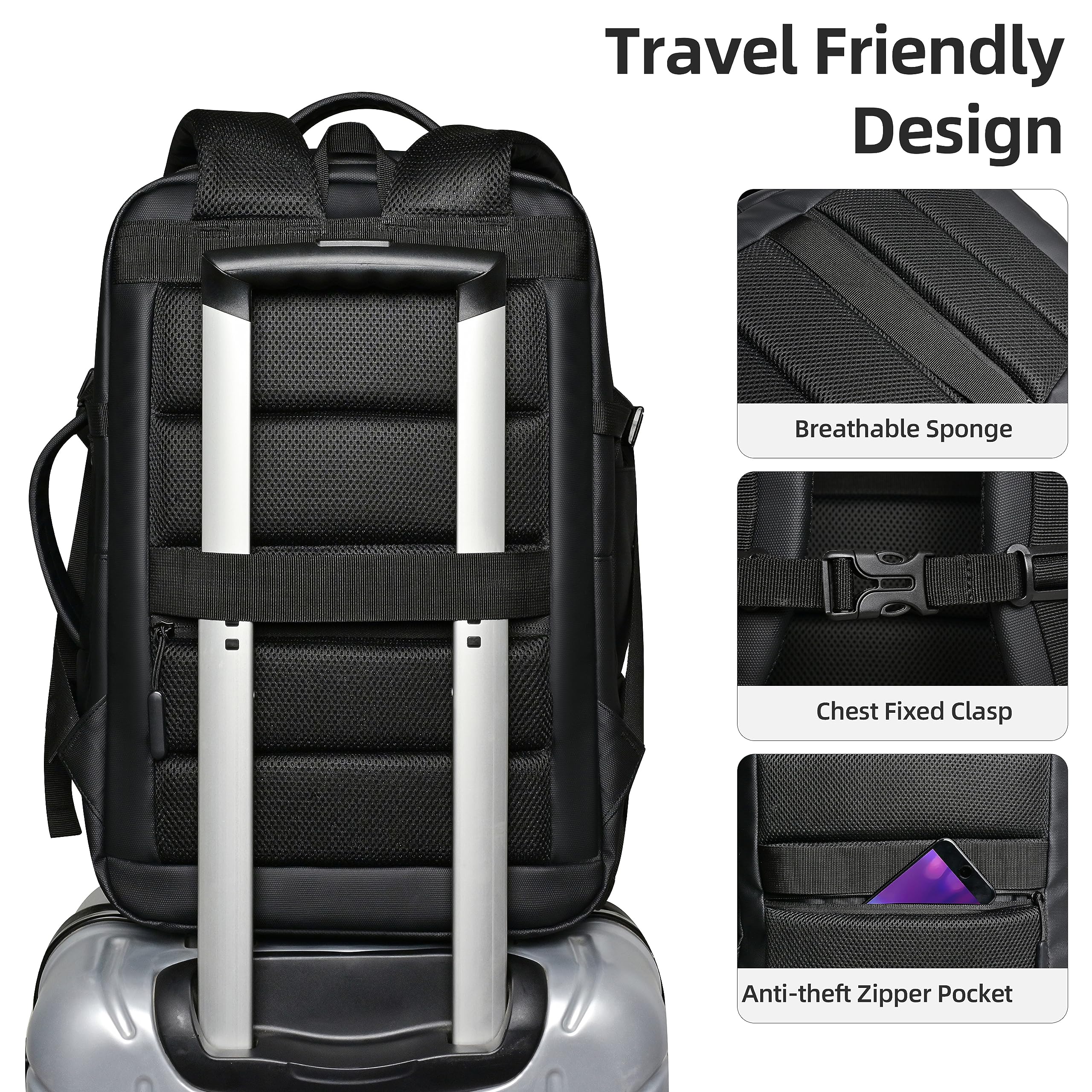 Expandable 38L Carry On Backpack for Men & Women - Waterproof Travel Backpack, Business Weekend Luggage Bag (Black) - Perfect for Air Travel, Commuting & Outdoor Adventures
