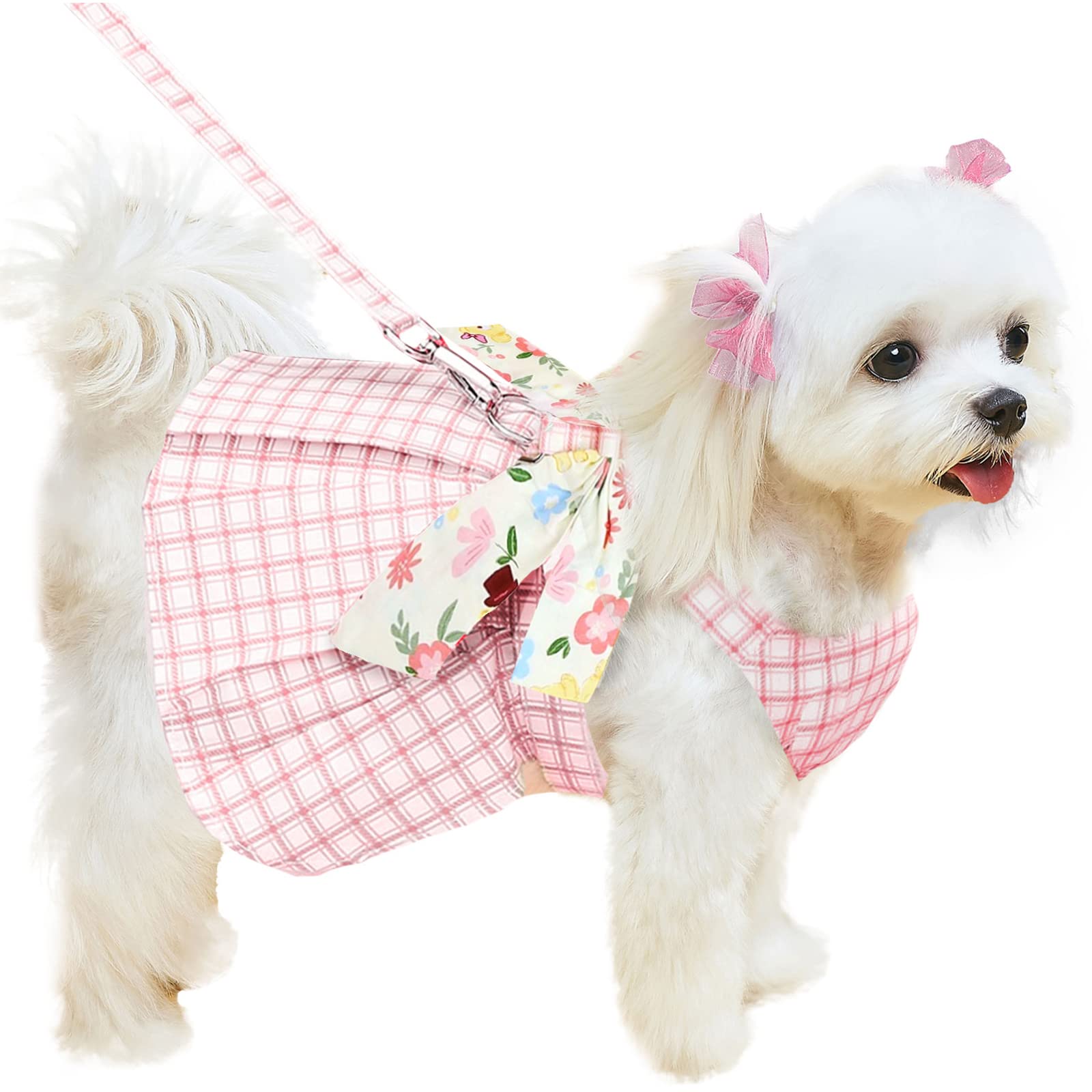 Adorable Plaid Dog Dress Harness & Leash Set for Small Medium Dogs - Pink Summer Pet Outfit with Bow for Puppy Princess, Chihuahua & Yorkie (Size L) | Perfect for Holiday Parties, Photo Shoots & Special Occasions