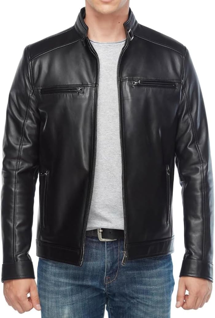 Men's Lambskin Leather Motorcycle Jacket - Genuine Black Biker Jacket for Men - Classic Slim Fit Leather Coat for Riding & Casual Wear