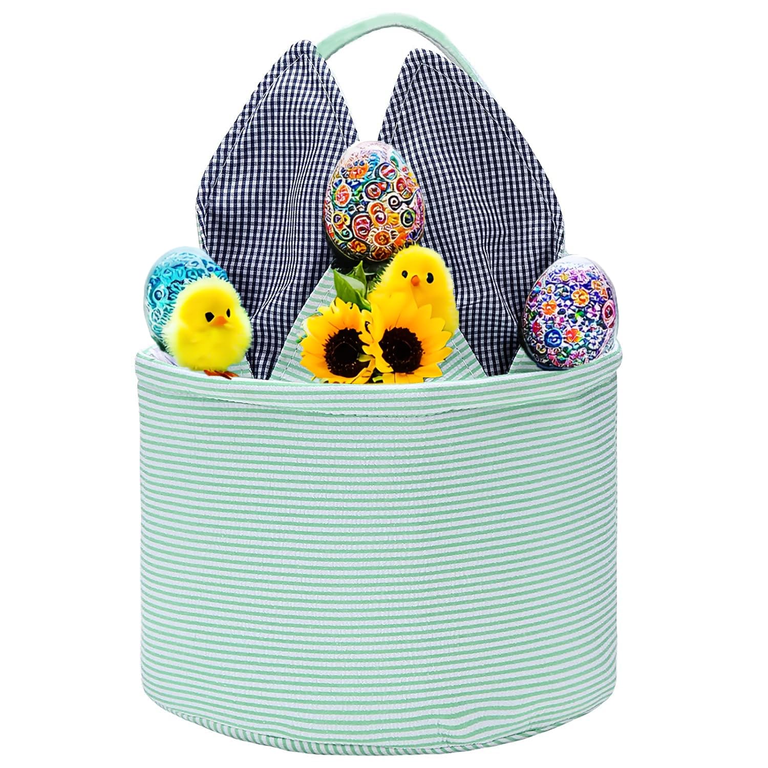 Easter Basket for Kids - Seersucker Egg Hunt Bunny Basket with Cute Rabbit Ears & Striped Design - Perfect for Easter Party Favors, Candy Storage & Personalized Gifts - Great for Easter Egg Hunts, Spring Celebrations & Holiday Decorations