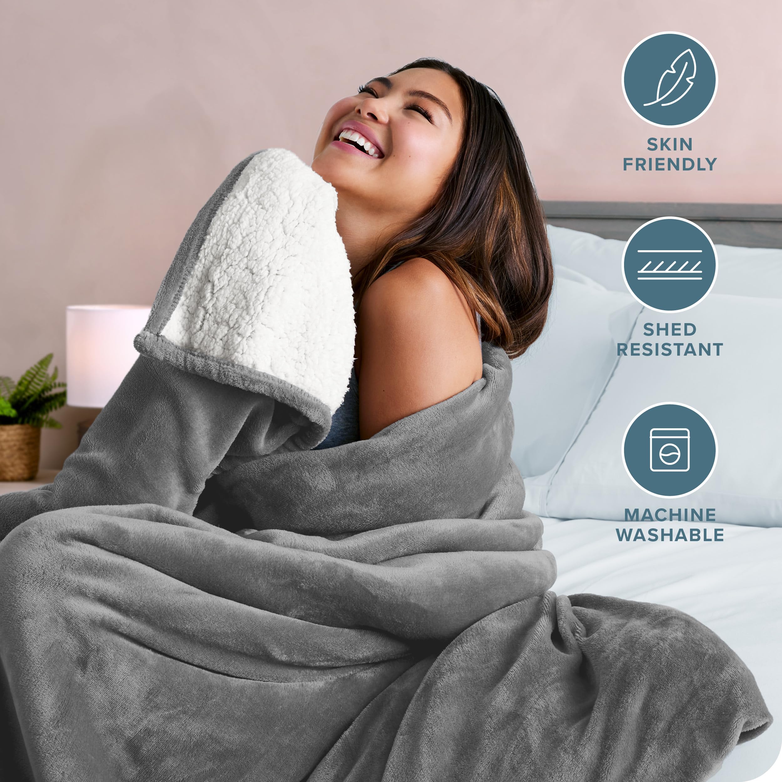 Bare Home Sherpa Fleece Blanket - Ultra Soft Reversible King Size Blanket for Bed, Couch & Travel - Warm Lightweight Plush Throw - Grey - Perfect for Cozy Nights, Movie Time & Camping Trips