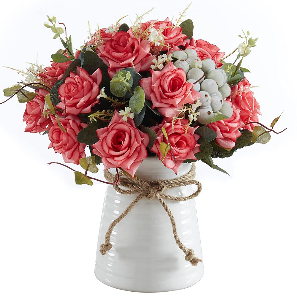 Artificial Silk Roses in Vase - Rustic Floral Table Centerpiece for Home, Kitchen & Room Decor | Perfect for Weddings, Parties & Farmhouse Style Decorations