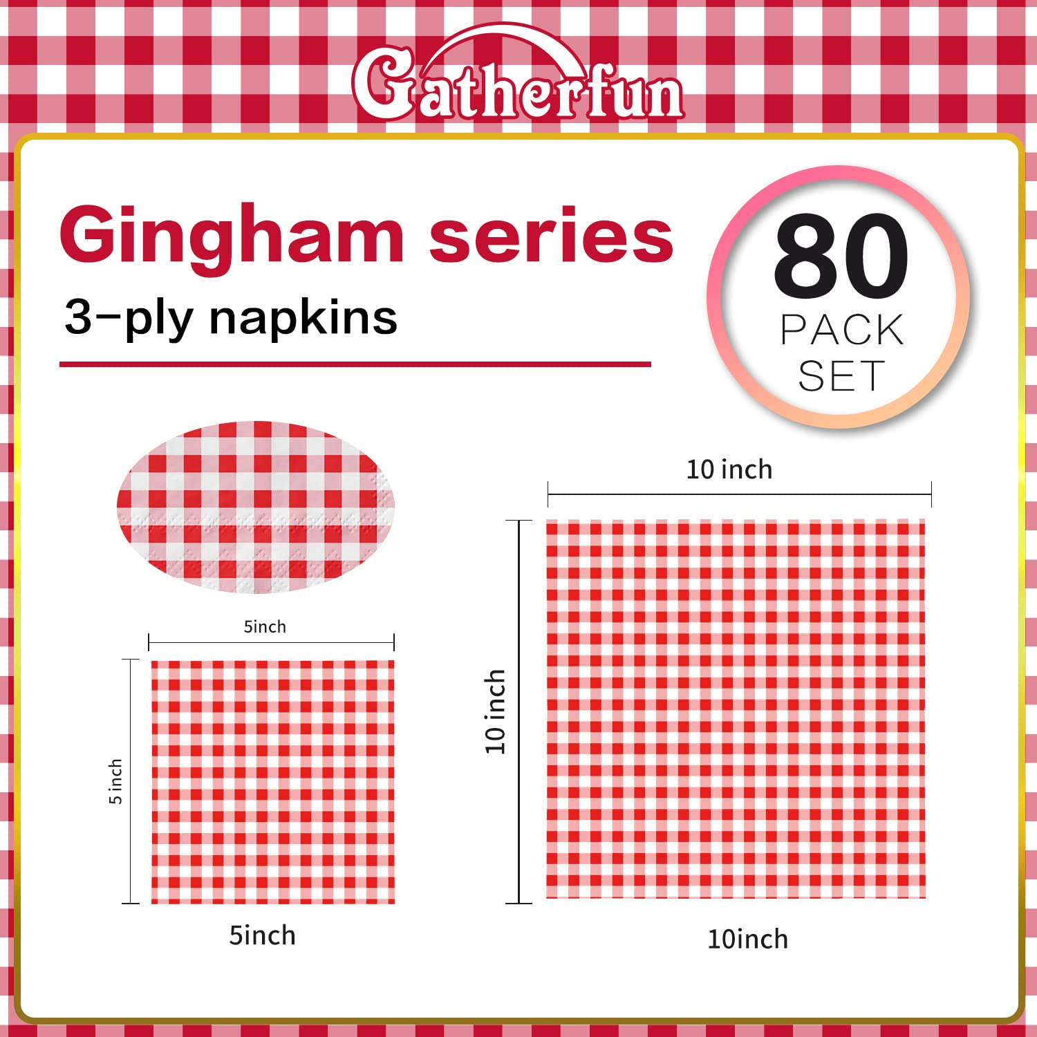 Gatherfun 3-Ply Disposable Cocktail Napkins - 80 Count Red & White Gingham Beverage Napkins for Restaurant, Bar, Picnic, Birthday Party - Perfect for Drinks, Appetizers & Casual Dining