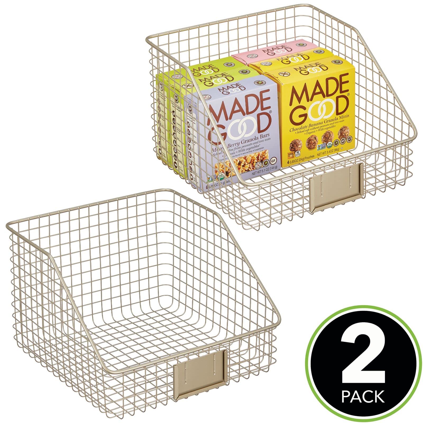 mDesign Slanted Metal Kitchen Food Storage Organizer Bin Basket with Label Slot - Cabinet, Countertop & Pantry Organizer for Produce, Fruits & Vegetables | Omaha Collection, 2-Pack, Satin Finish | Perfect for Kitchen Organization & Decluttering