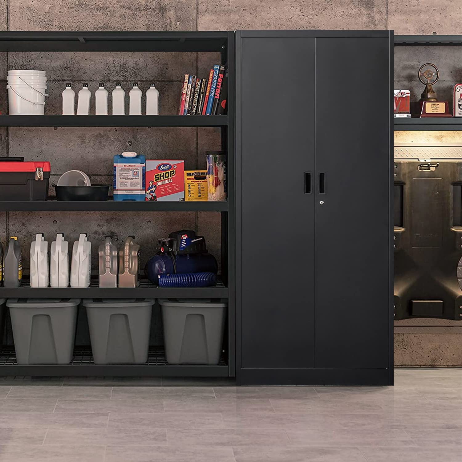 Heavy Duty Metal Storage Cabinet with Locking Doors & 5 Adjustable Shelves - Black Garage Cabinet for Office, Classroom, Warehouse Organization - Perfect for Tool Storage, School Supplies & Industrial Use