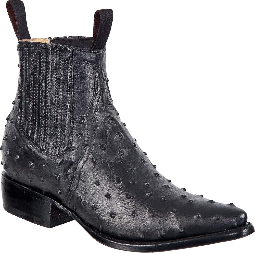 Men's Genuine Leather Cowboy Boots - Western Style Ankle Boots with Ostrich Print & J-Toe Design for Rodeo, Country Dancing & Casual Wear