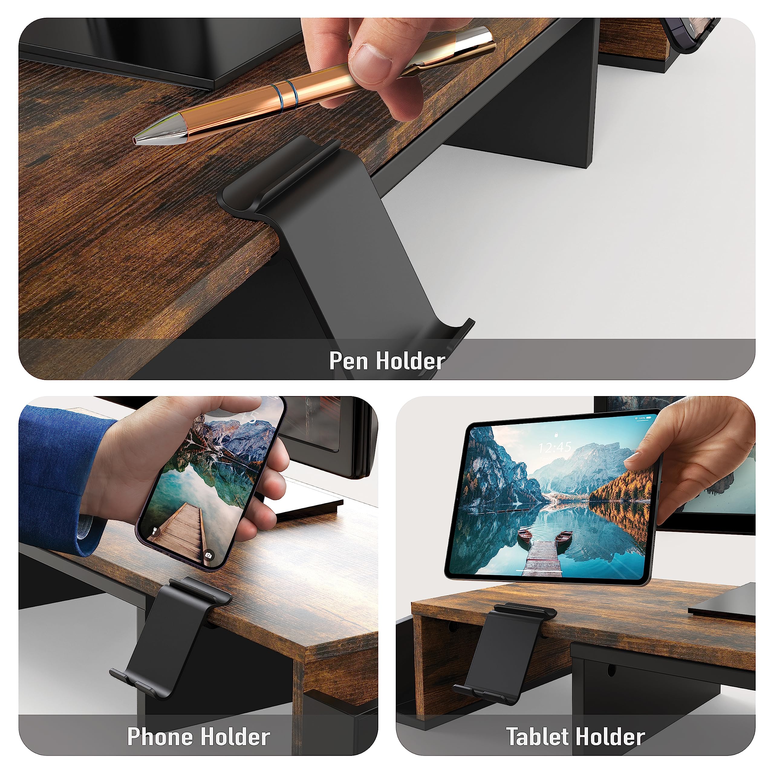 Dual Monitor Stand Riser with Storage Drawer - Rustic Brown Wooden Desk Organizer for Home Office & Gaming Setup