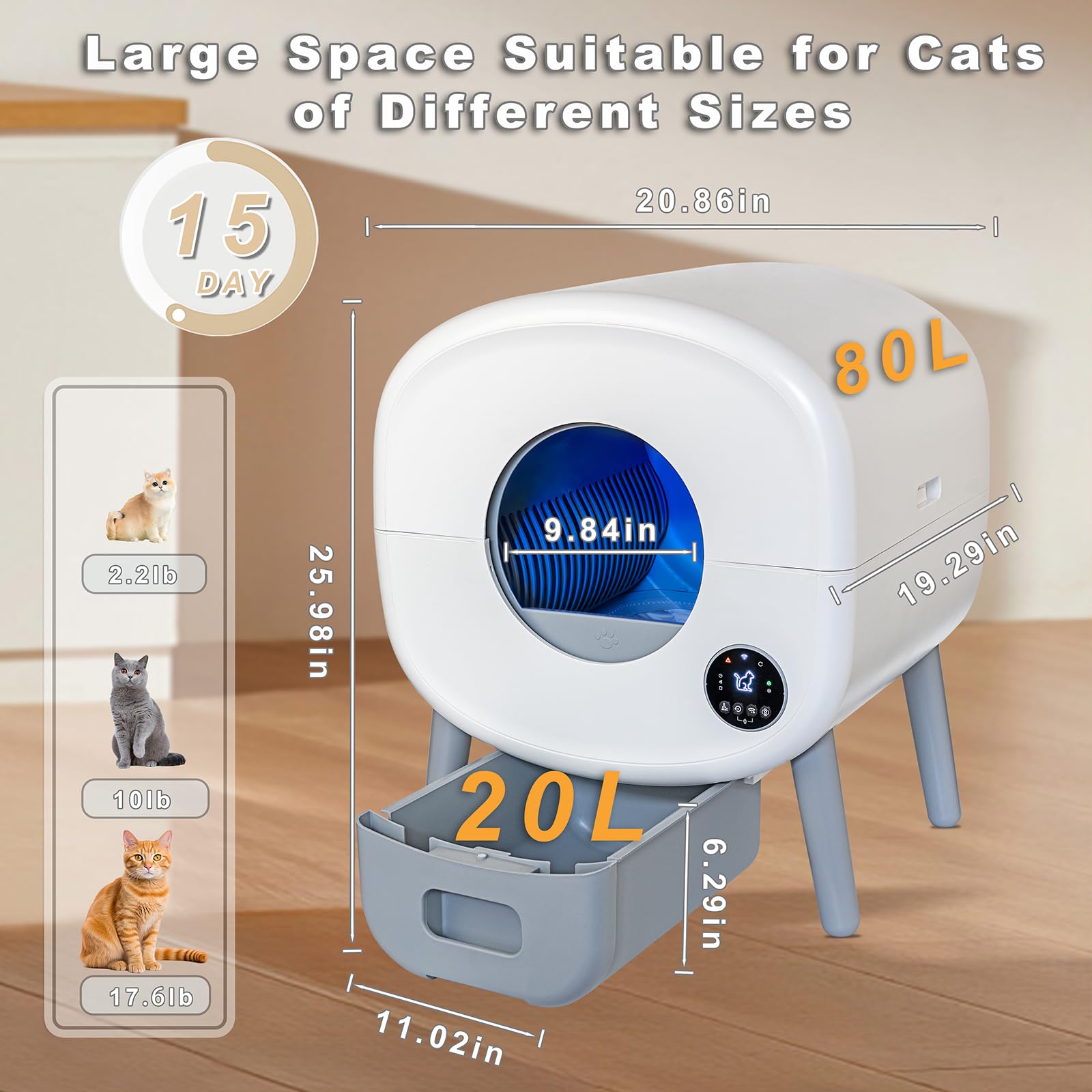 Self Cleaning Cat Litter Box - 100L Automatic Kitty Litter Box for Multiple Cats with Built-in Ambient Light, Double Odor Removal & Safety Protection, App Control - Includes 2 Rolls Liners Bags & Mat - Perfect for Busy Pet Owners & Multi-Cat Households