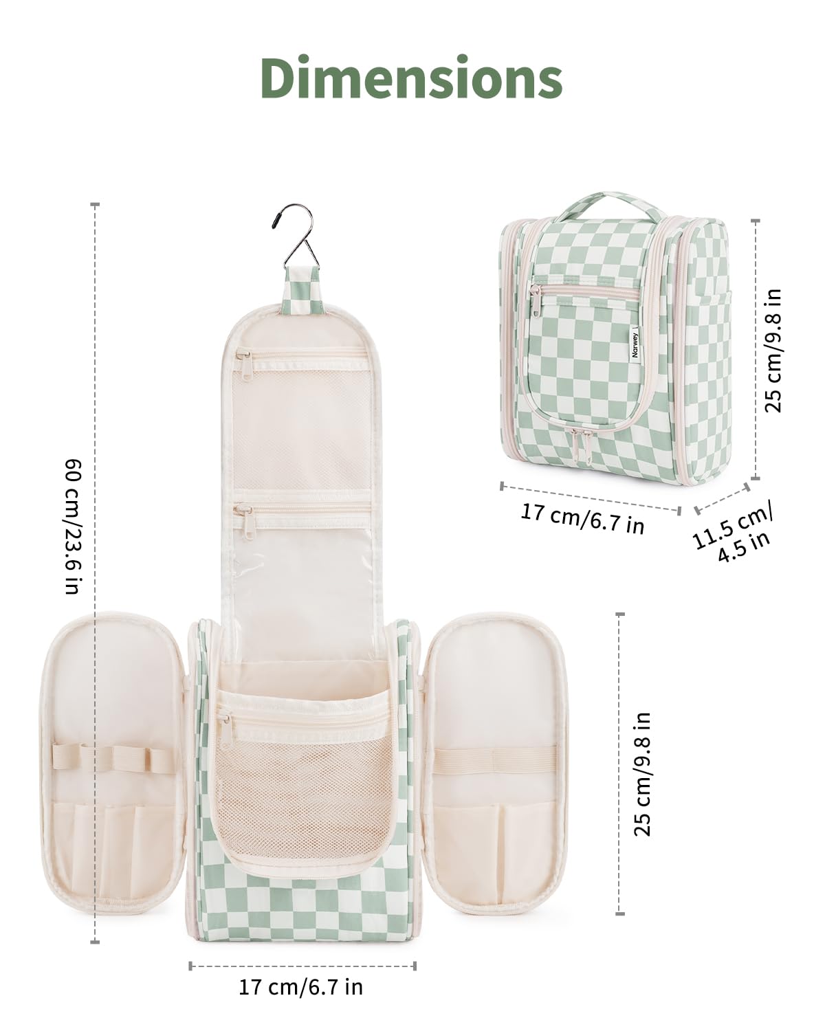 Narwey Small Checked Hanging Travel Toiletry Bag for Women | Waterproof Cosmetic Organizer | Makeup Bag with Hanging Hook | Perfect for Bathroom, Gym & Vacation (Mint Green Checkerboard)